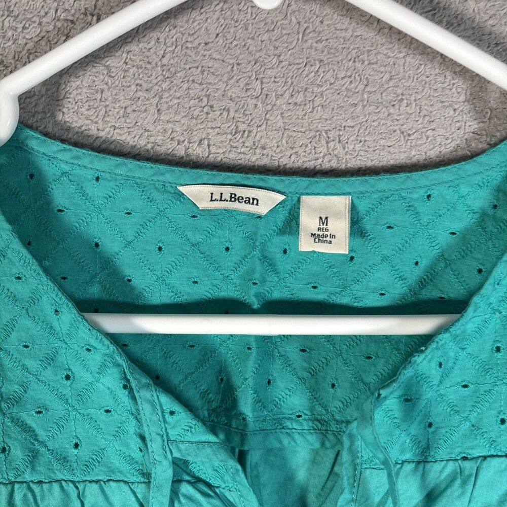 LL Bean Top Women’s Size M Teal Eyelet Chest Tie Neck‎ 3/4 Sleeve Blouse Shirt - Picture 5 of 11